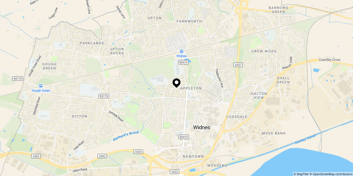 Approximate location of 14 Birchfield Road, Pineapple Terrace, Widnes