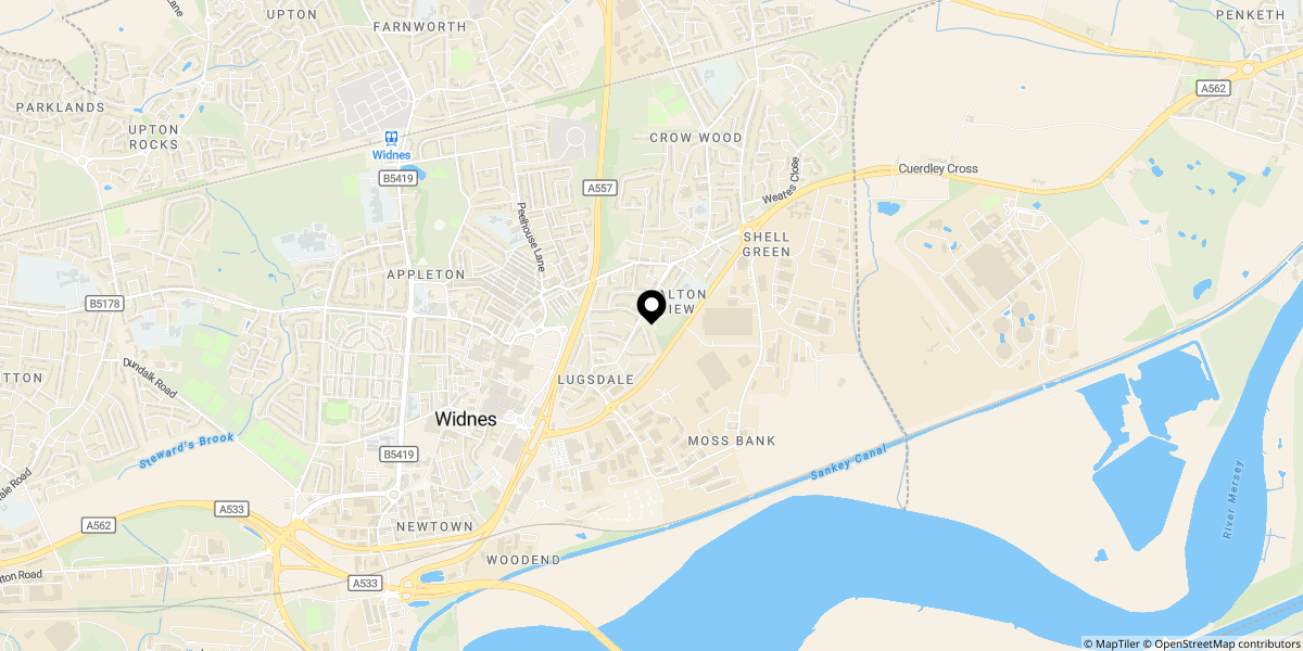 Approximate location of Black Dentons Place, Widnes WA8 0AW