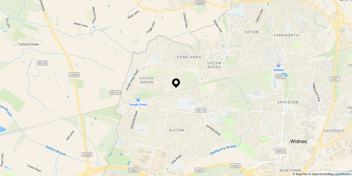 Approximate location of Cradley, Widnes, WA8 7PN