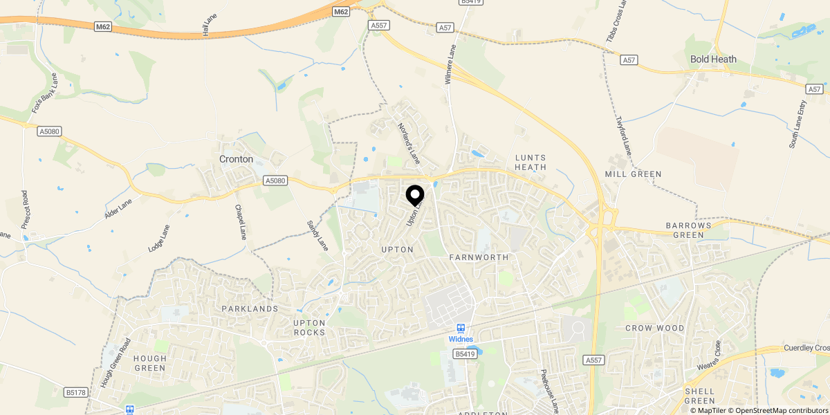 Approximate location of Upton Lane, Widnes, WA8 9AQ