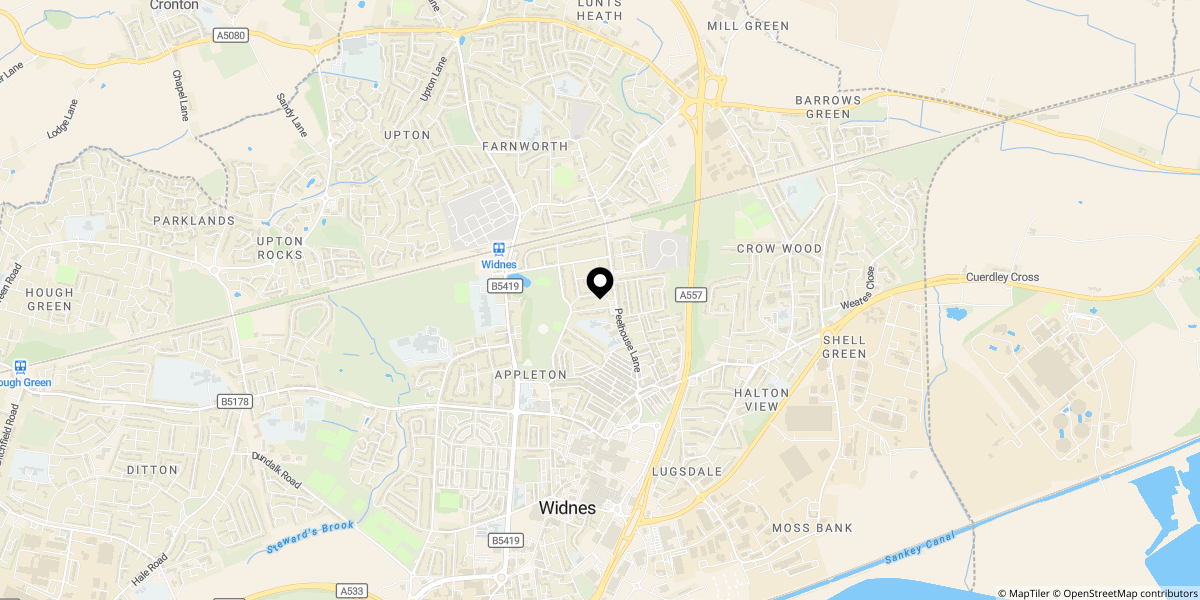 Approximate location of Peel House Lane, Widnes, WA8 6TG