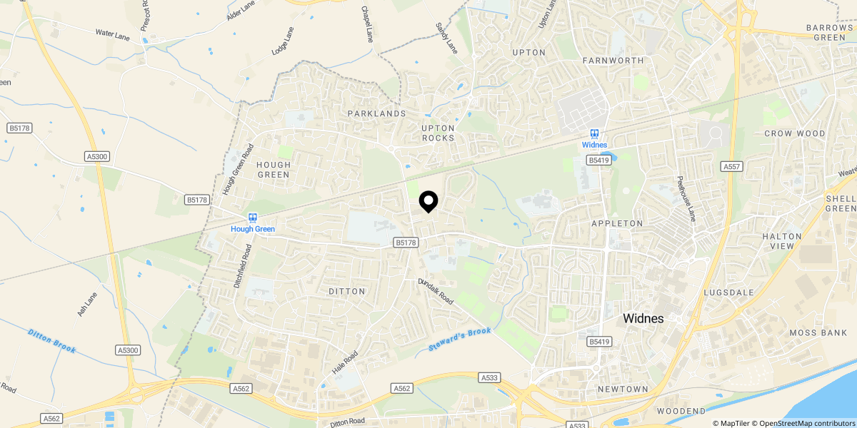 Approximate location of Mayfair Grove, Widnes, WA8 7HZ